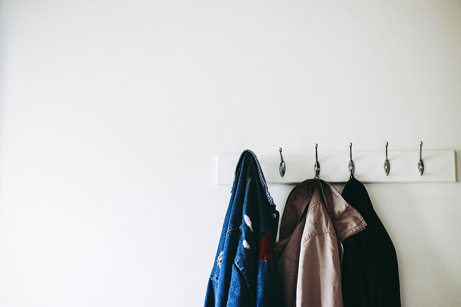 three jacket hanging on wall hooks, coat rack, fashion, style, HD wallpaper