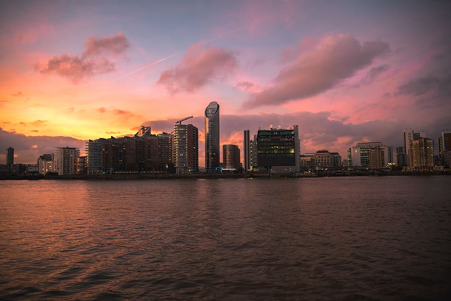 sunset, city, dawn, sky, dusk, outdoors, red sky, nature, urban HD wallpaper