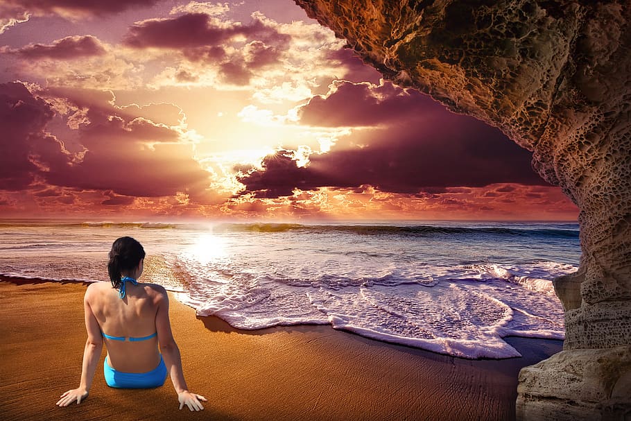 beach, sky, rock, waves, clouds, sun, women, sand, sunset, water HD wallpaper