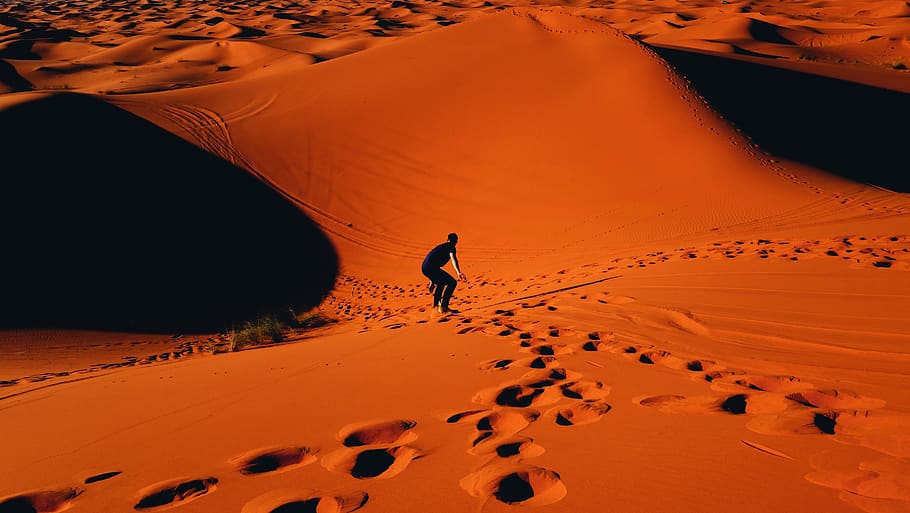 man walking on desert, one person, land, environment, landscape HD wallpaper