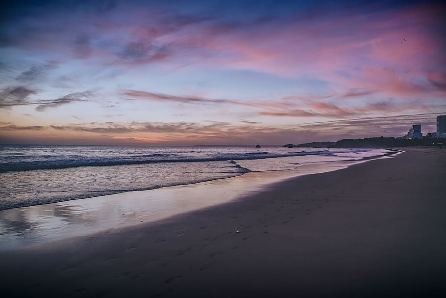 beach, sunset, winter, ocean, sky, dusk, orange, water, sea, HD wallpaper