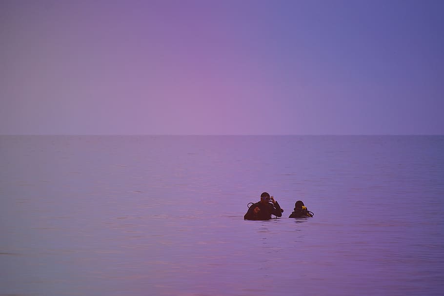 People Swimming In Body Of Water, backlit, beach, dawn, divers HD wallpaper