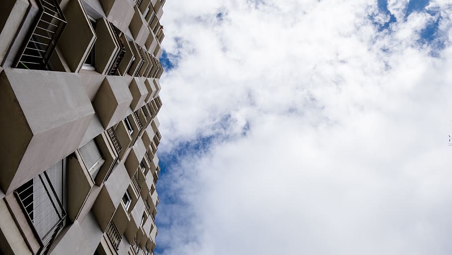 pattern, simetry, balcony, sky, building, architecture, concrete HD wallpaper