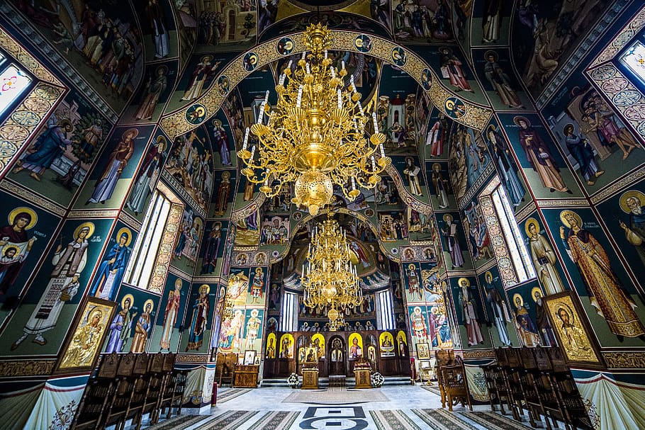 Gold Chandelier and Green Blue and White Wall, architecture, monastery HD wallpaper
