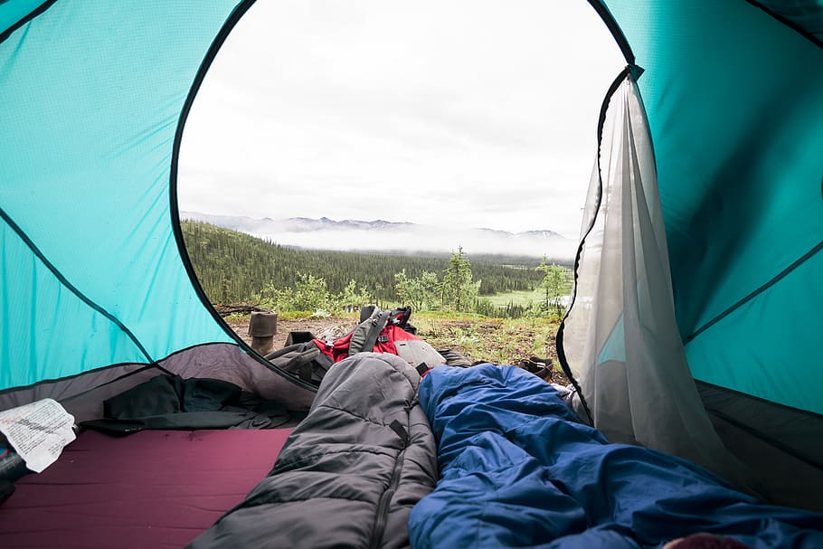 blue and gray sleeping mat inside tent, camping, leisure activities, HD wallpaper