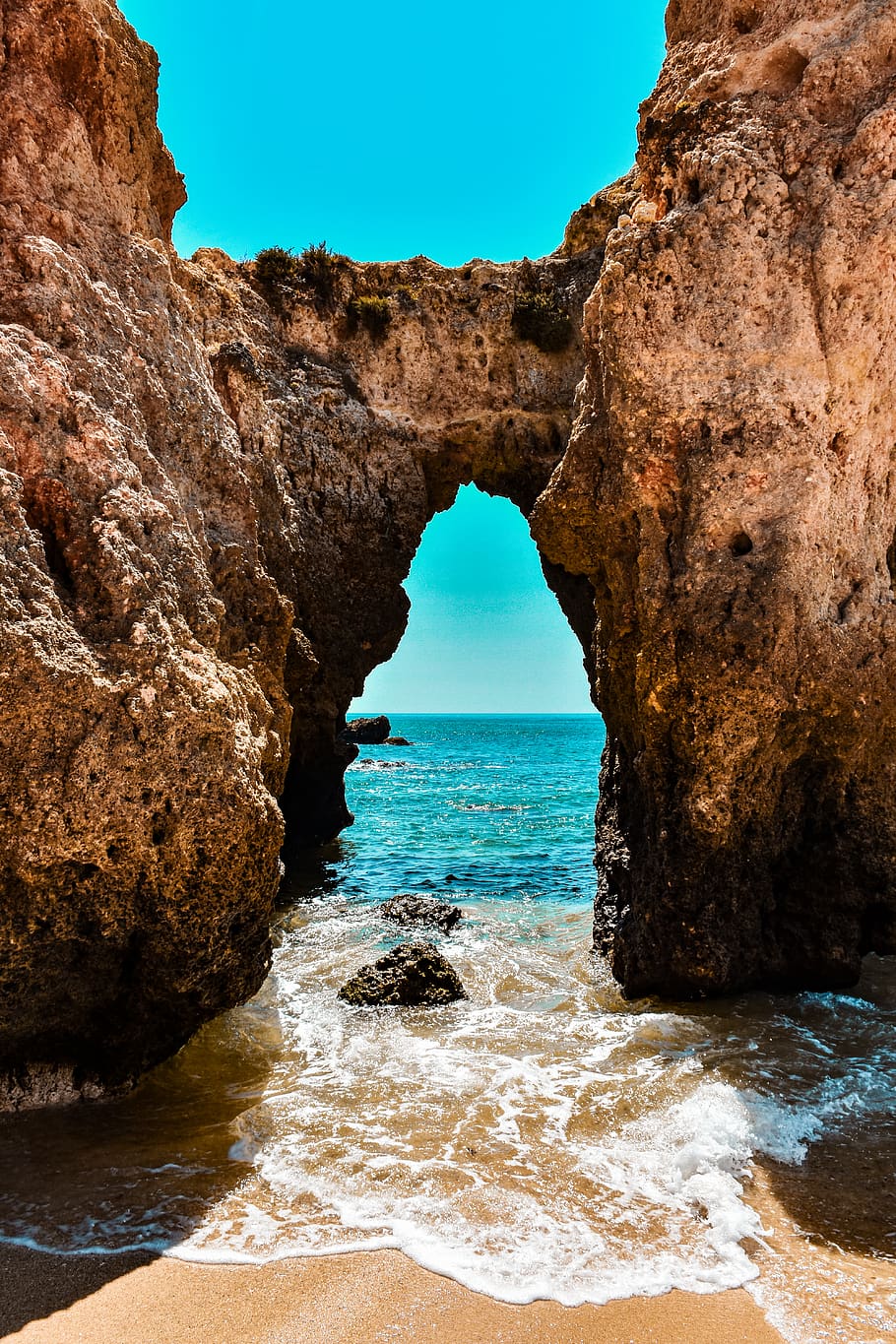 Photo of Rock Formation Near Seashore Under Blue Sky, beach, boulders HD wallpaper