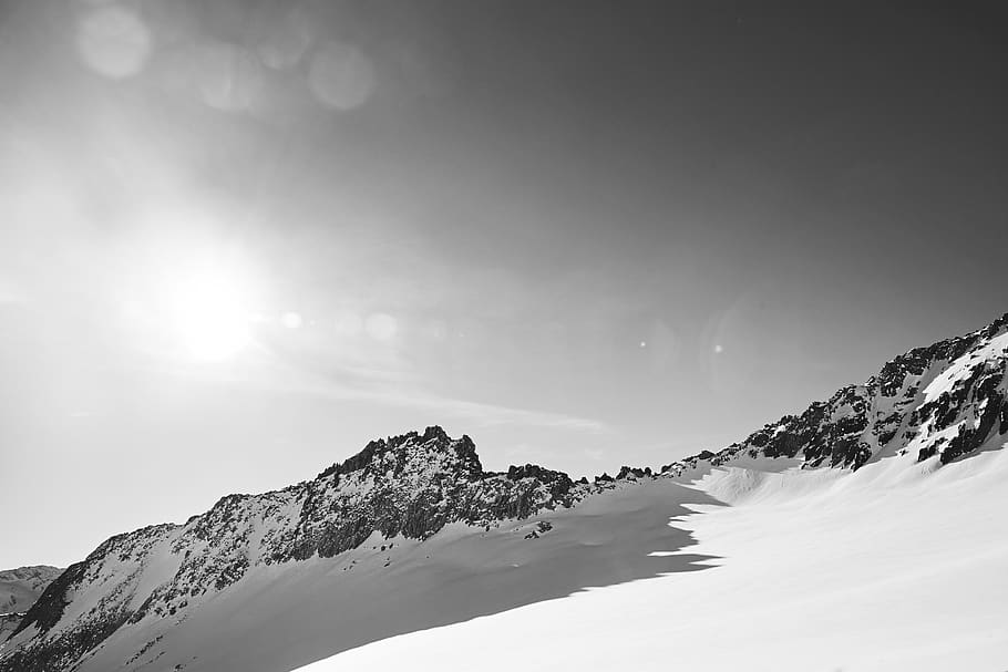 alps, bw, b/w, shadows, austria, solden, sunset, snow, mountains HD wallpaper