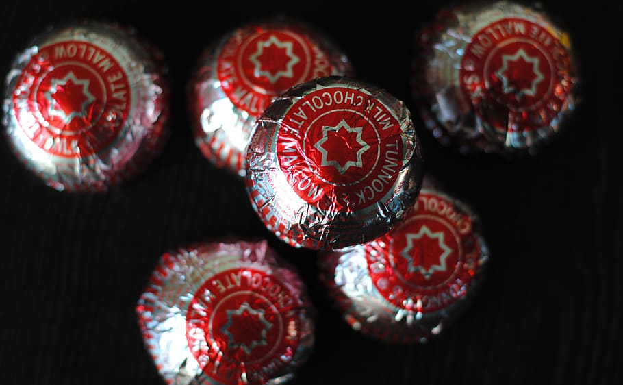 milk chocolate, red, close-up, indoors, no people, black background HD wallpaper