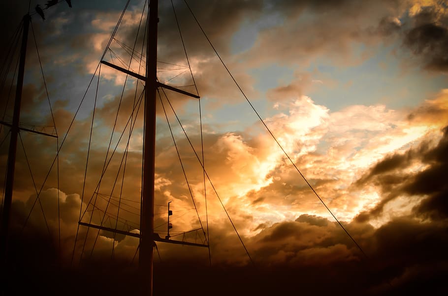 mast, rigging, ship, sailboat, tall ship, sunset, cloudscape HD wallpaper