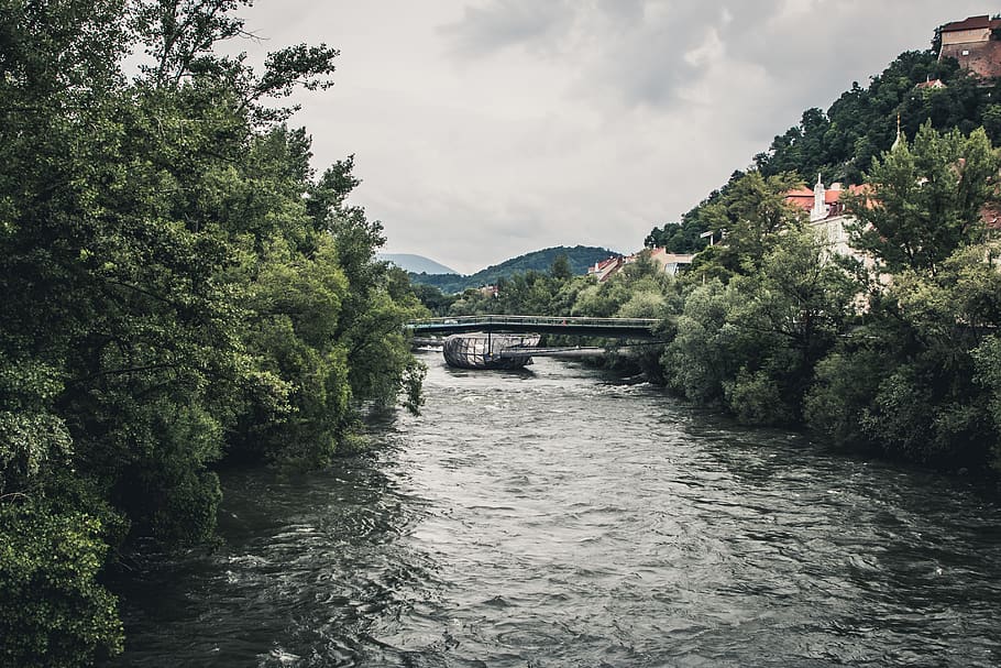 austria, graz, murinsel, mountain, bridge, city, hill, island HD wallpaper