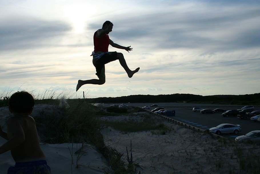 jump, dad, sky, jumping, mid-air, real people, men, water, leisure activity HD wallpaper