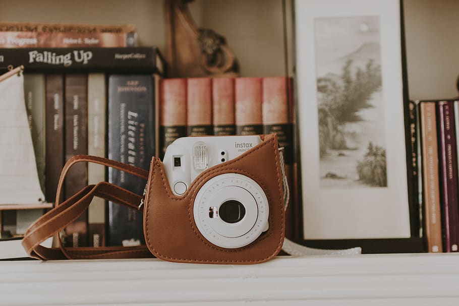white FujiFilm Instax camera, table, no people, indoors, still life HD wallpaper