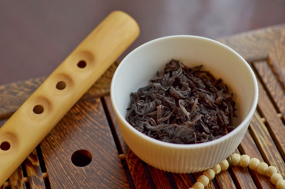 black, tea, dried, bowl, whistle, wood, beads, caffeine, traditional HD wallpaper