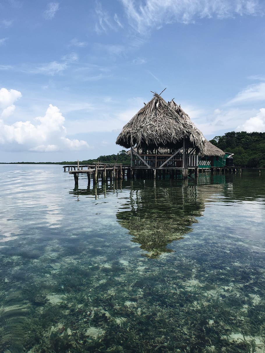 hut, vacation, water, clear, corals, nature, reflection, sky HD wallpaper