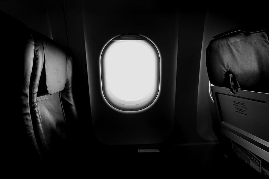 Grayscale of Airplane Window and Chair, aircraft, aviation, black, HD wallpaper