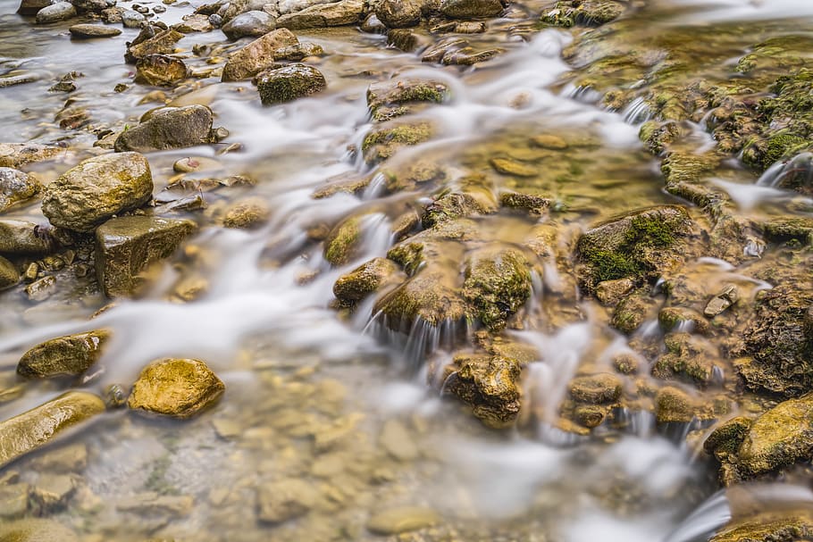 River, flow, long-exposure, moss, rocks, stream, water, nature HD wallpaper