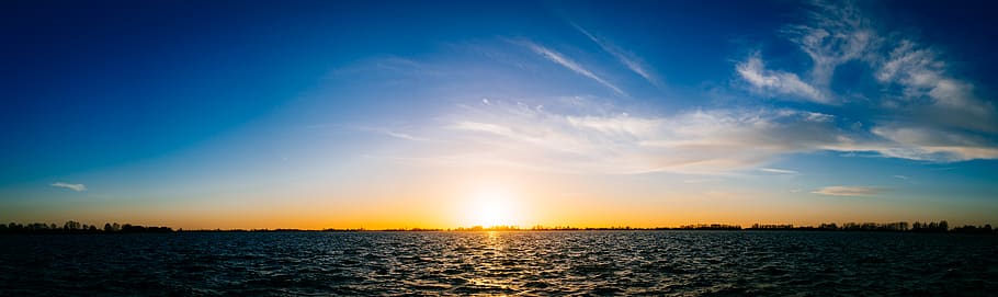 Sunset over Sea, clouds, panorama, panoramic, sky, water, horizon HD wallpaper