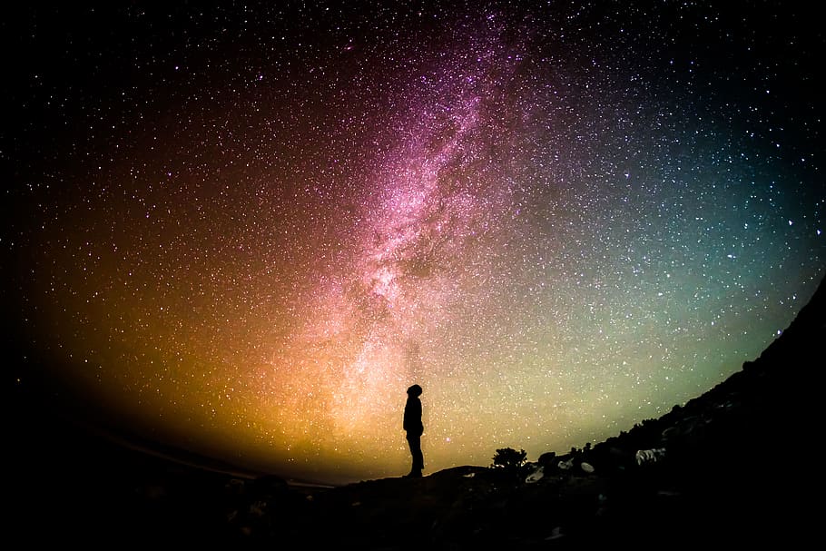 stars, galaxy, space, planets, sky, people, thinking, looking HD wallpaper