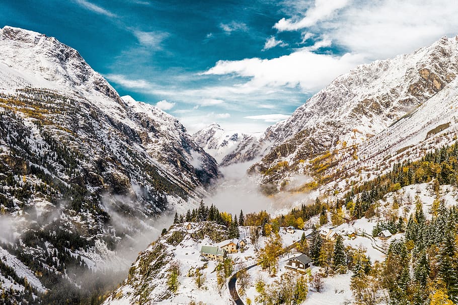 snow covered mountain during daytime, sky, cloud, mist, fog, peak HD wallpaper