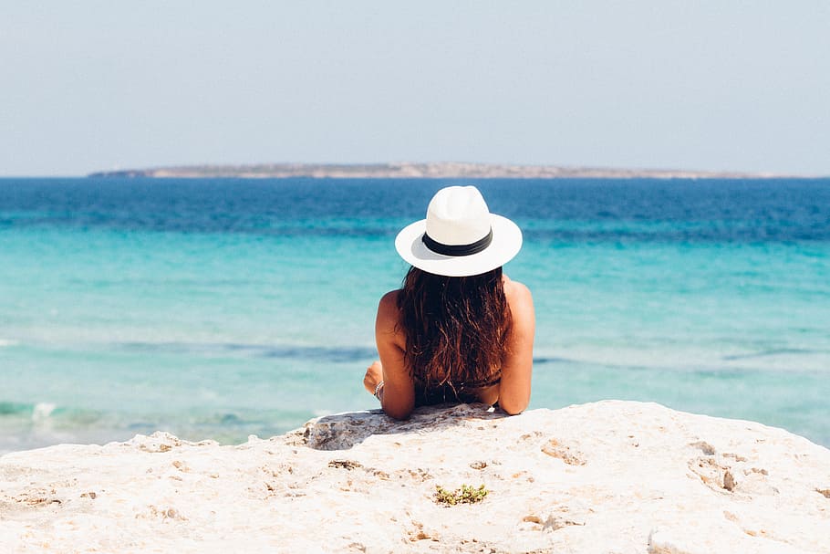 Woman Lying on White Sand Beach, hat, holidays, island, leisure HD wallpaper