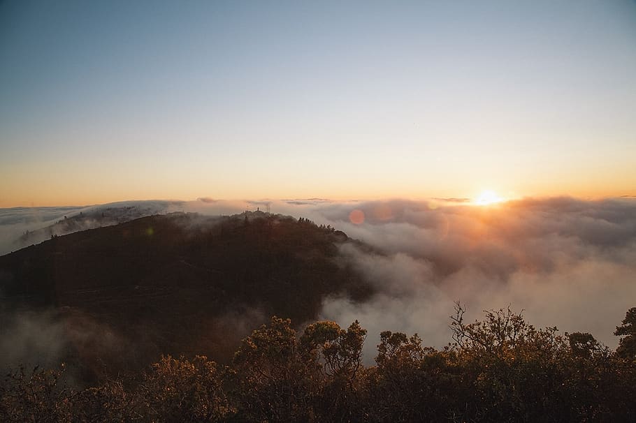sunrise, sky, clouds, mountains, hills, trills, bushes, grass HD wallpaper
