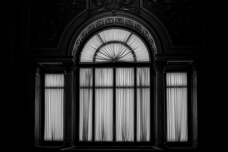 window, backlit, drapes, contrast, monochrome, black and white HD wallpaper