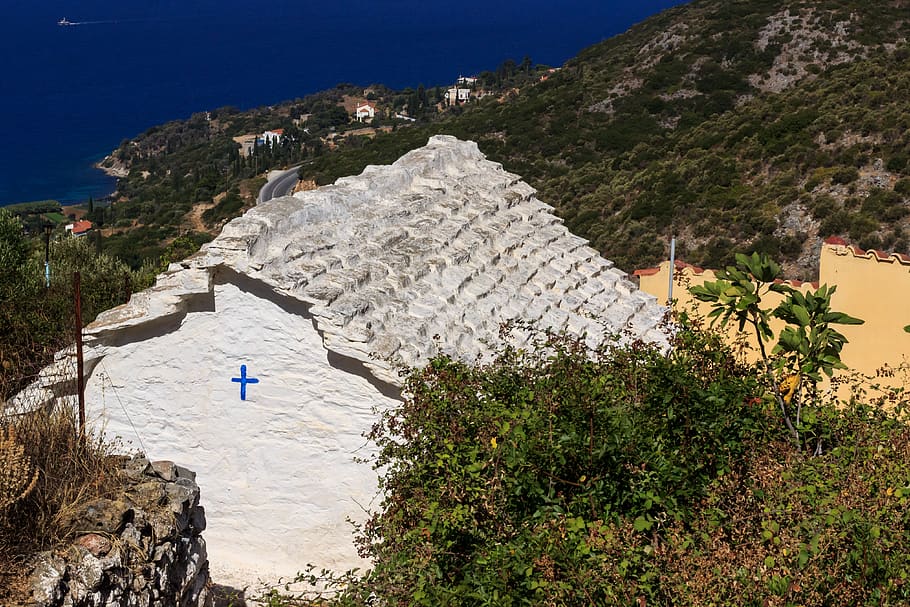 greece, samos, island, chapel, hills, religion, sea, mountain HD wallpaper