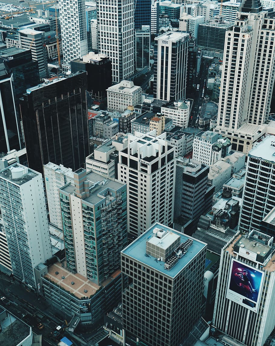 aerial view of cityscape, urban, rooftop, skyline, highrise, building