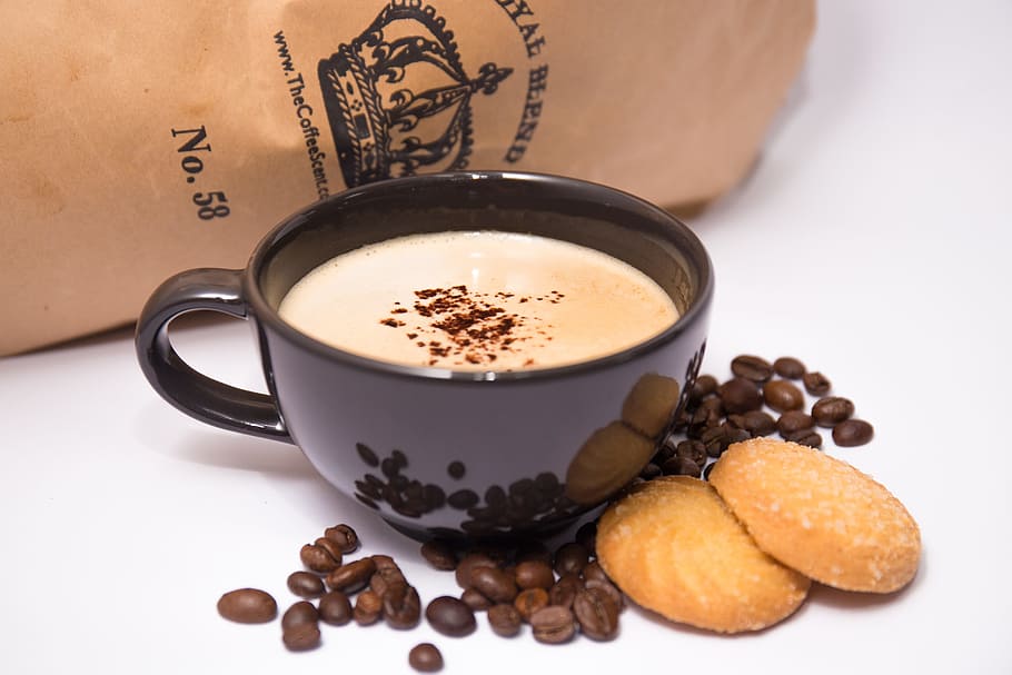 Black Ceramic Coffee Mug Surrounded By Coffee Beans, beverage HD wallpaper