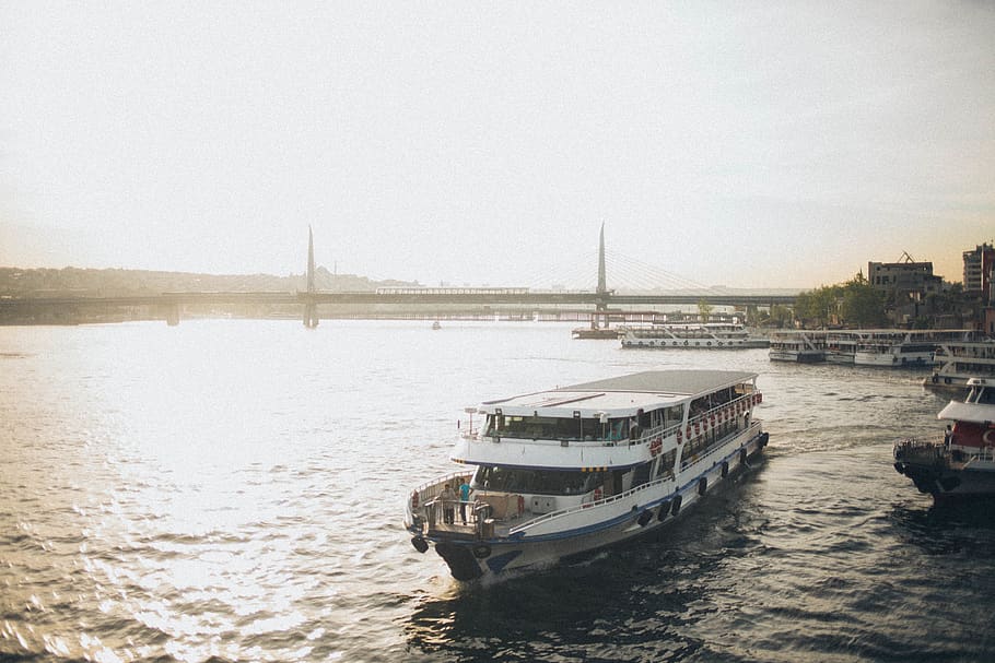 White Passenger Boat, architecture, boats, bridge, clouds, daylight HD wallpaper