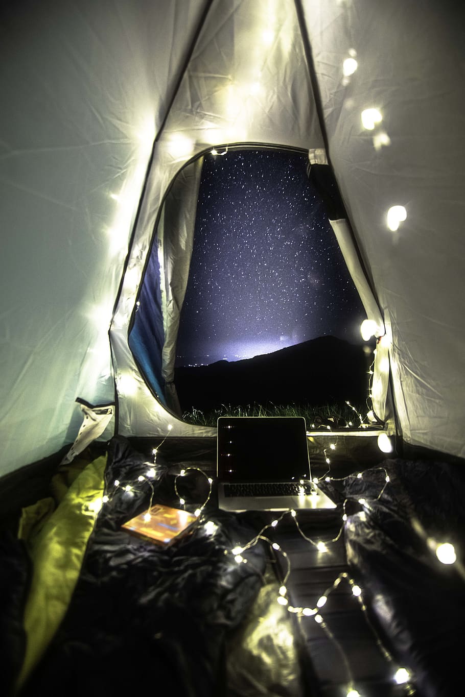 black and gray laptop computer inside tent, lighting, furniture HD wallpaper