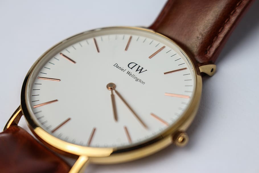 watch, daniel wellington, luxury, gold, leather, strap, time
