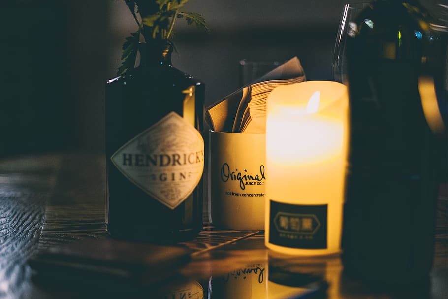 lighted white pillar candle, gin, drink, alcohol, beverage, liquor HD wallpaper