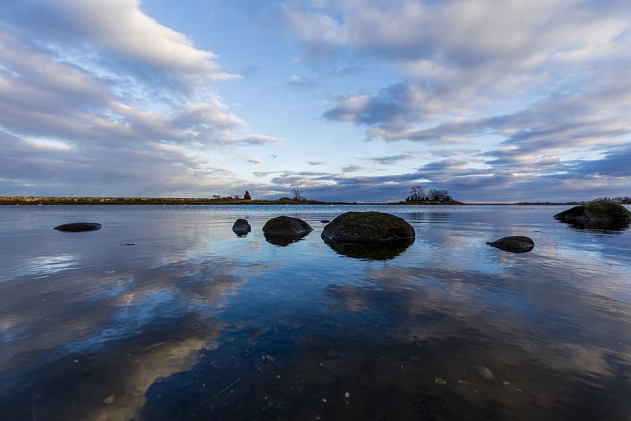 reflections, rocks, ocean, sky, water, cloud - sky, tranquility HD wallpaper