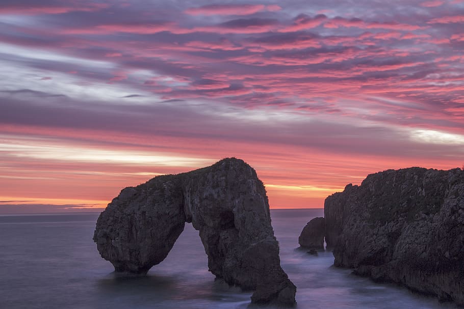grey rock formation, water, sea, rock - object, sky, sunset, solid HD wallpaper