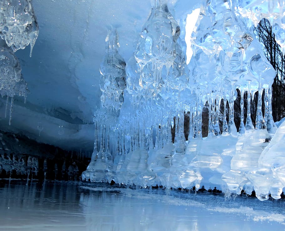 icicles, snow, winter, spring, drops, frost, coldly, ice, small river HD wallpaper