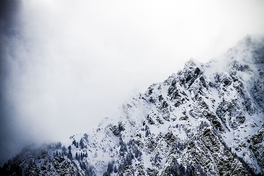 switzerland, brig, trees, cloudy, clouds, black and white, mountains HD wallpaper