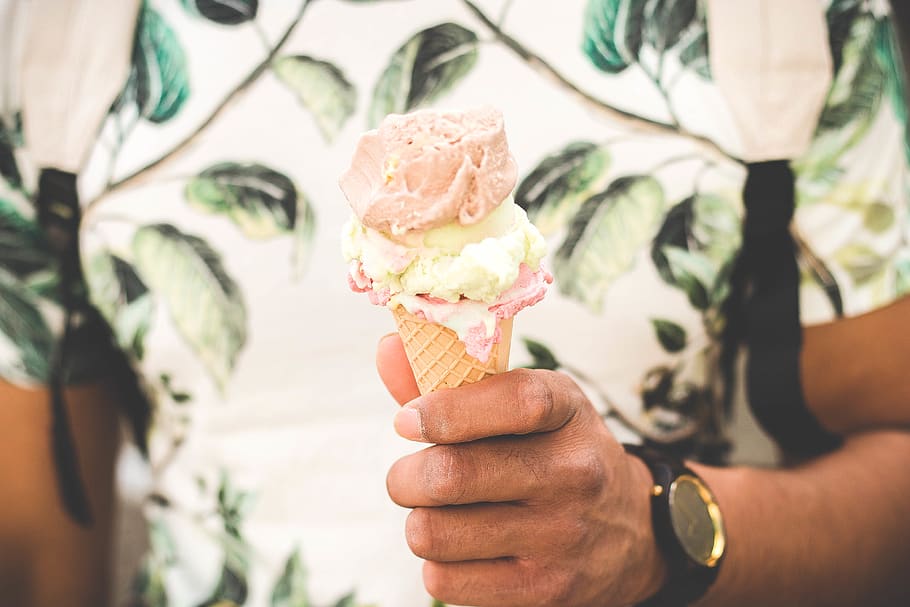 person holding ice cream cone with three flavors of ice cream, HD wallpaper