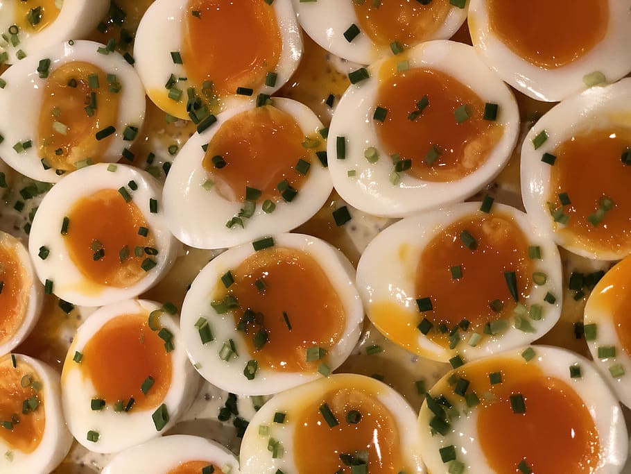 eggs, boiled, boiled egg, yolk, white, chive, soft boiled egg, HD wallpaper