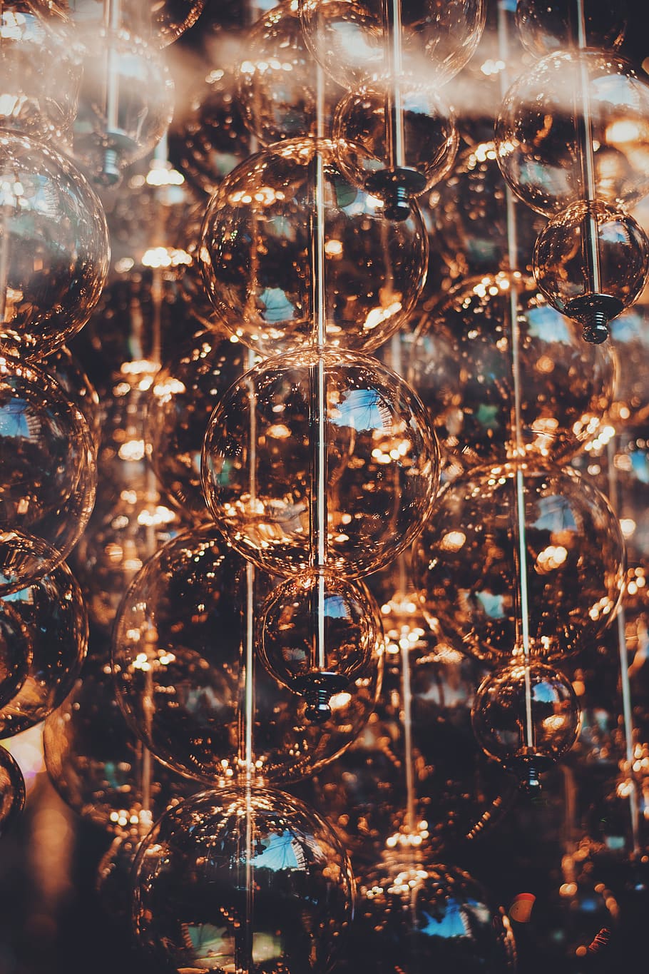 bubbles with yellow light, sphere, lighting, lamp, chandelier, HD wallpaper