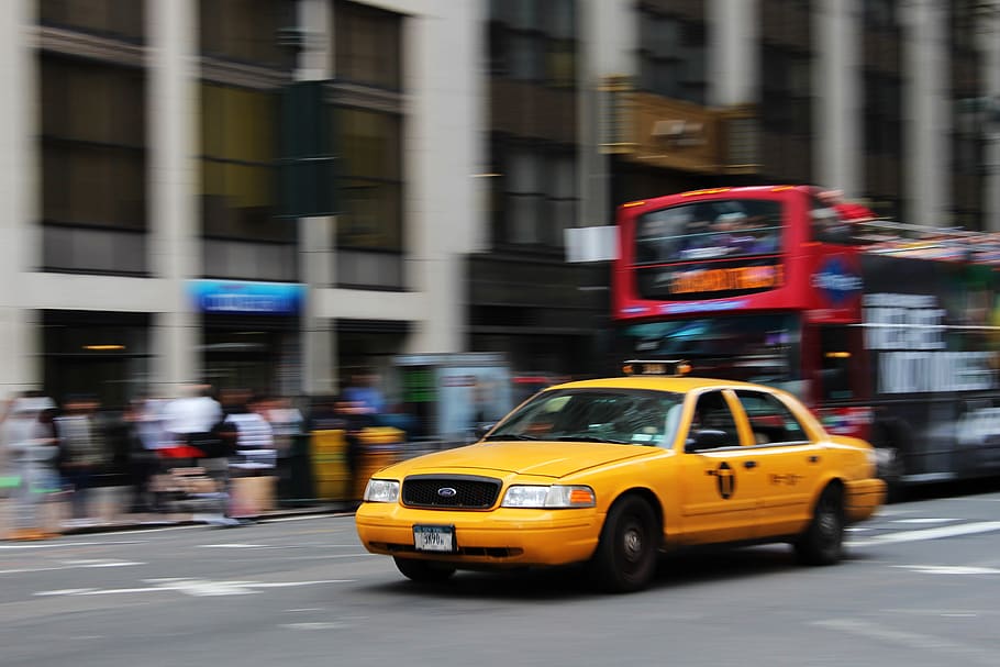 Selective Focus Photography of Yellow Sedan, architecture, blurred background HD wallpaper