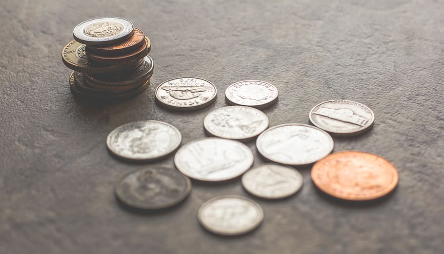 coins on gray surface, finance, currency, wealth, no people, indoors HD wallpaper