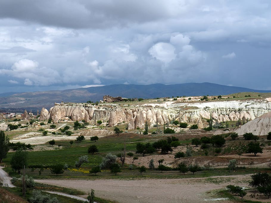 turkey, cappadocia cave, landscape, fields, noon, hills, cloud - sky HD wallpaper