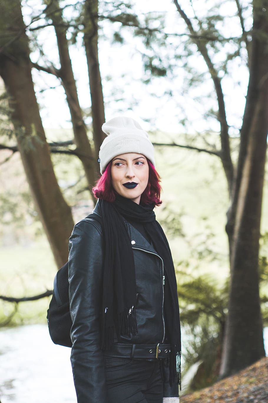 Woman Wearing Black Jacket Standing Near Trees, beautiful, beauty HD wallpaper