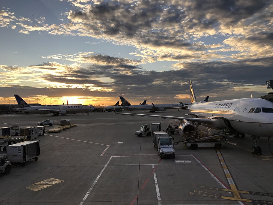 chicago, united states, o'hare international airport, sunset