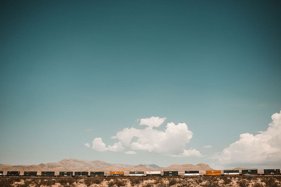cargo train on railway, sky, boxcar, cloud, mountain, hill, train car HD wallpaper