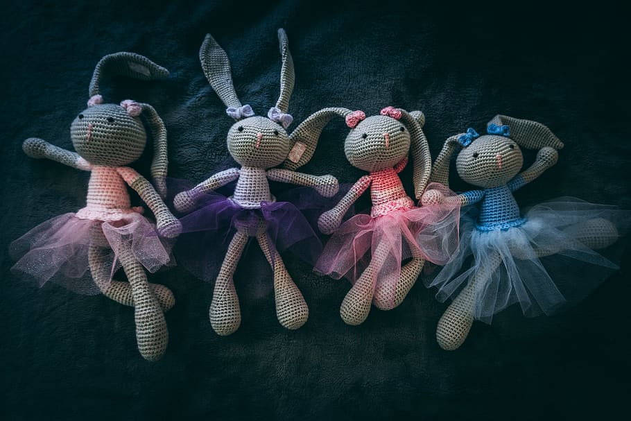 four rabbit knitted dolls, still life, no people, art and craft HD wallpaper