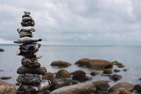 Stones on beach, background, balance, beautiful, beauty, blue HD wallpaper