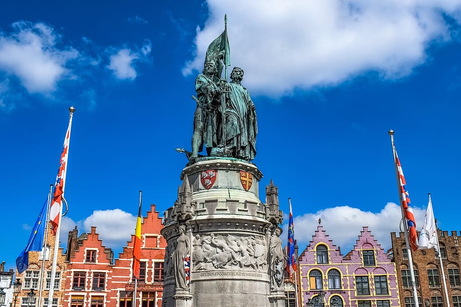 brugge, markt, square, sculpture, architecture, statue, monument, HD wallpaper