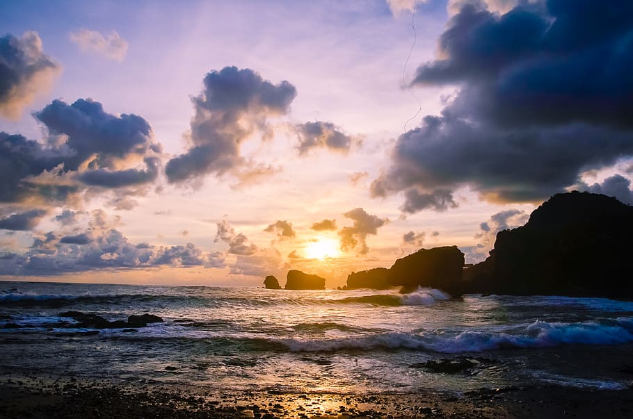 beach, sunset, wave, sea, water, sky, beauty in nature, cloud - sky HD wallpaper